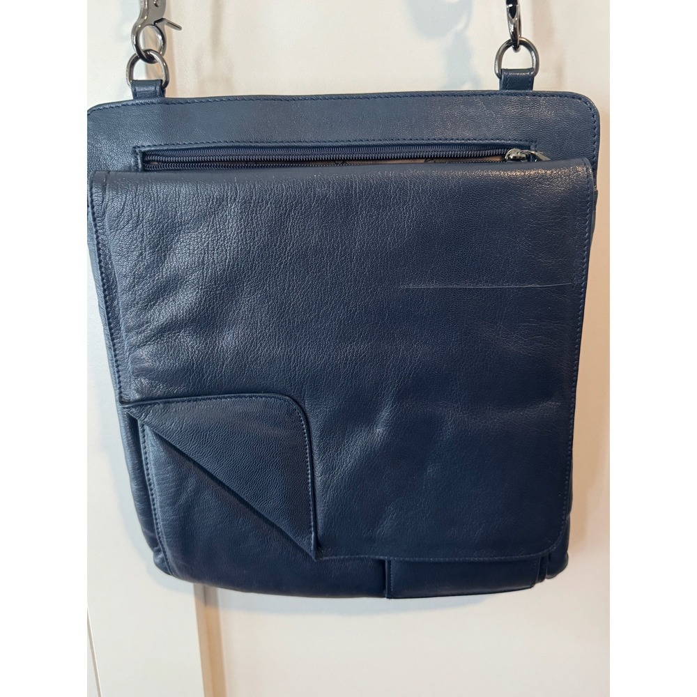 Silver Rose Navy Blue Leather Crossbody Bag Pocket Organizer Messenger Repair